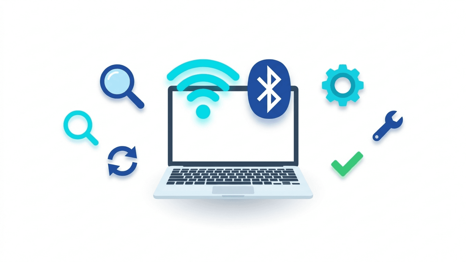 Flat illustration of fixing laptop WiFi and Bluetooth yourself — Wi-Fi and Bluetooth icons with DIY troubleshooting tools