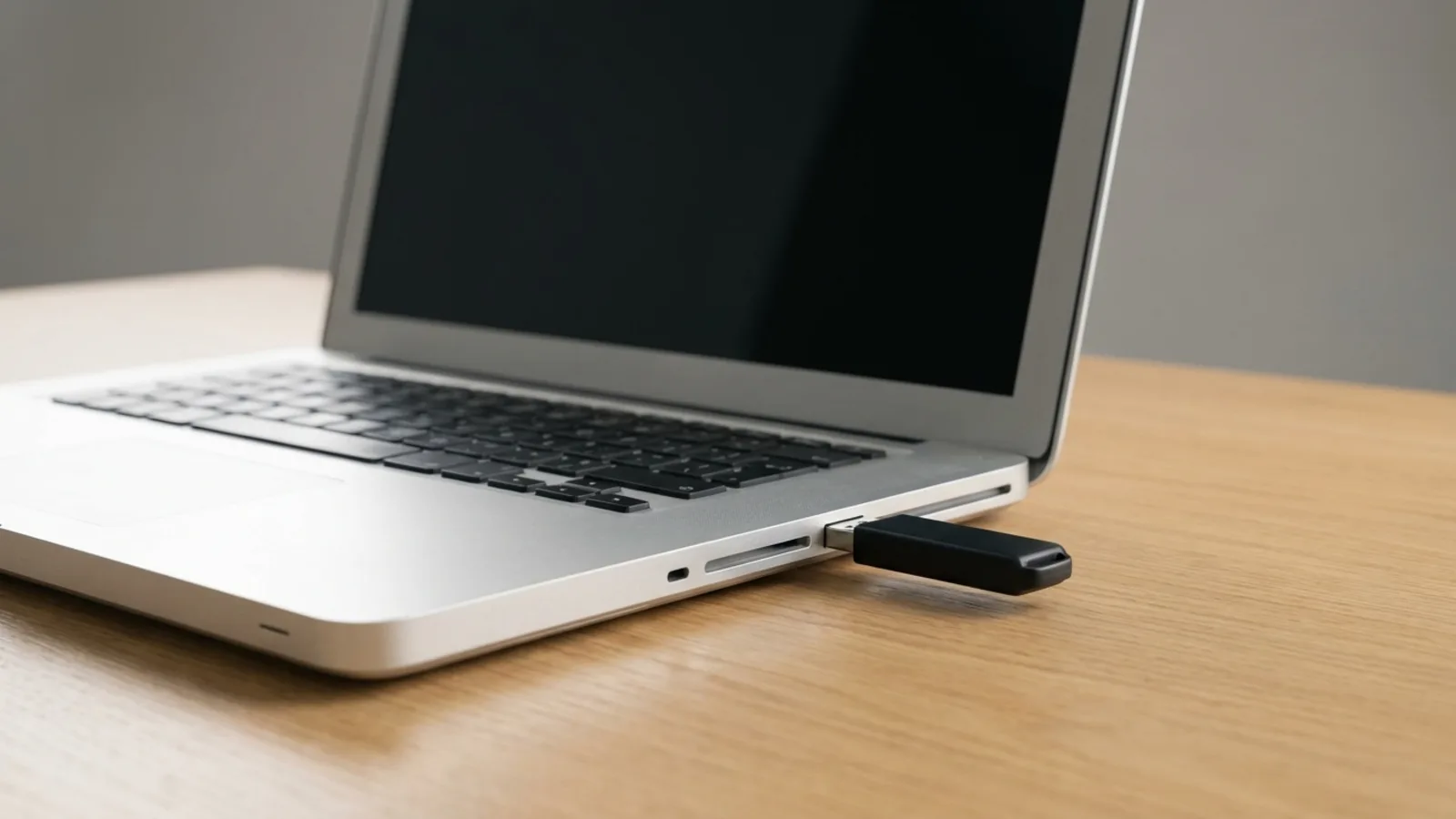 An older aluminium MacBook on a clean desk beside a USB macOS installer drive, mid upgrade