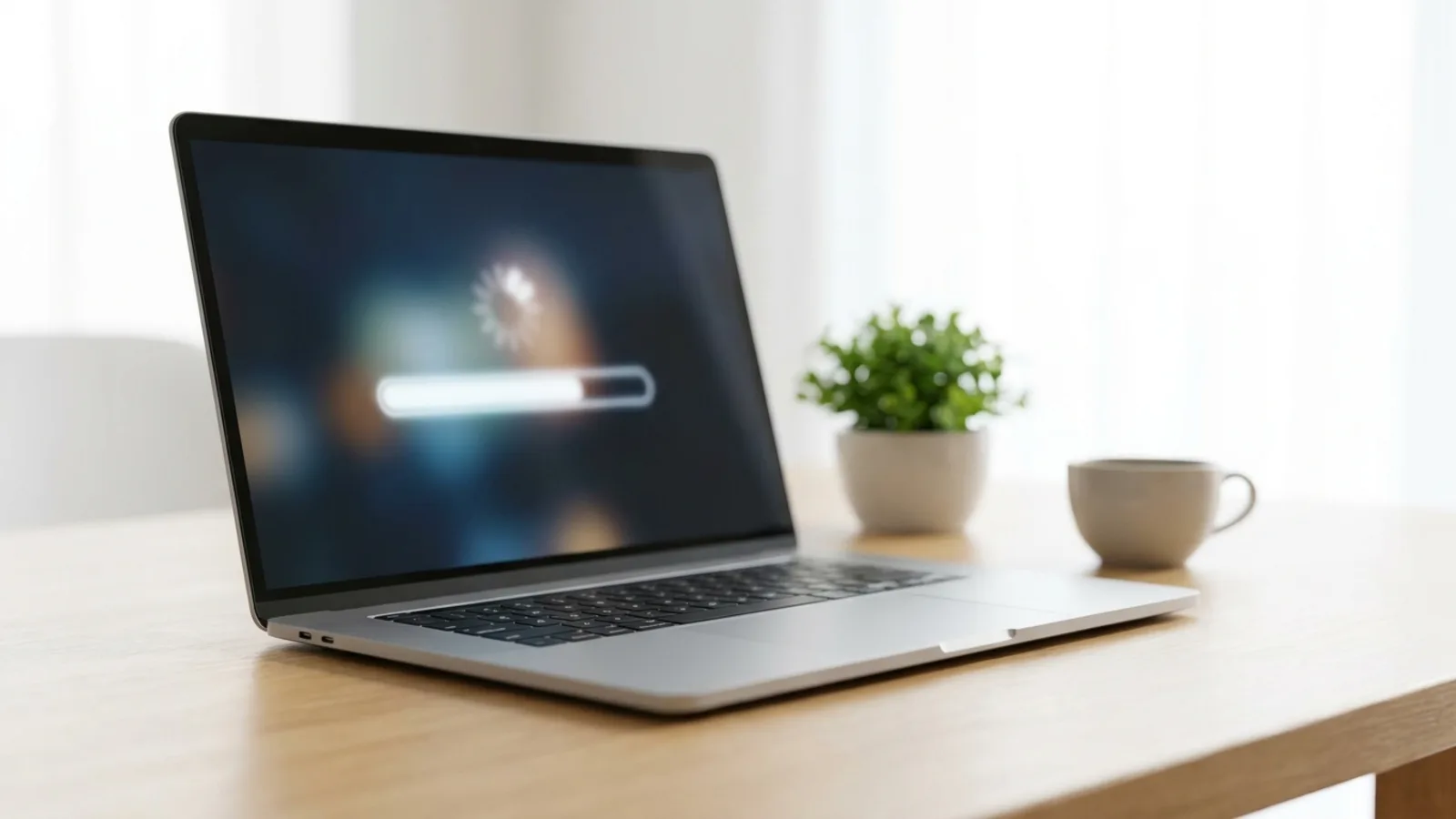Aluminium laptop screen showing a stuck macOS update progress bar frozen on "estimating"