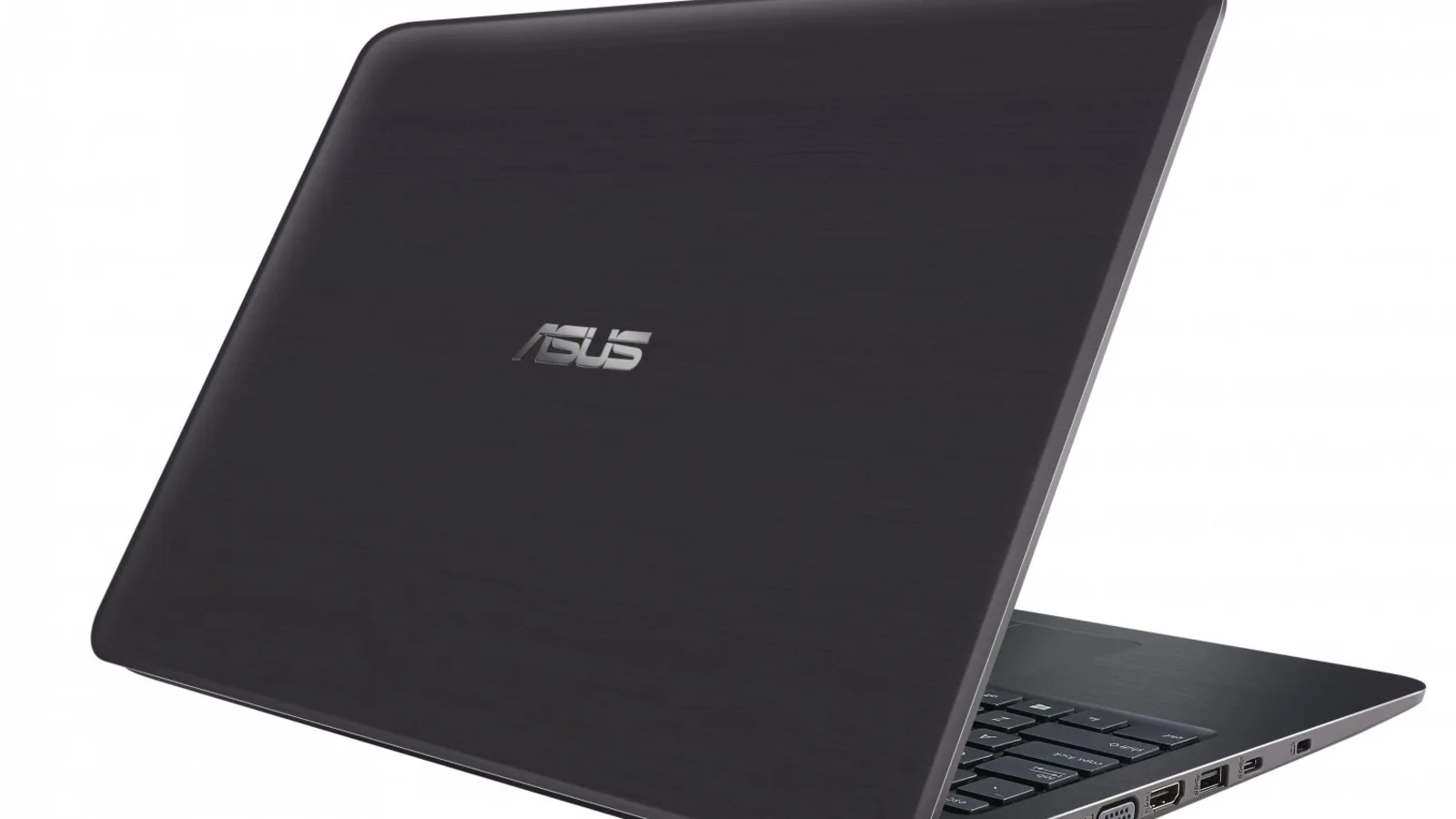 A modern dark-grey ASUS laptop shown open from the rear-left on a white background, the ASUS logo on the lid, with part of the keyboard and the side ports visible.