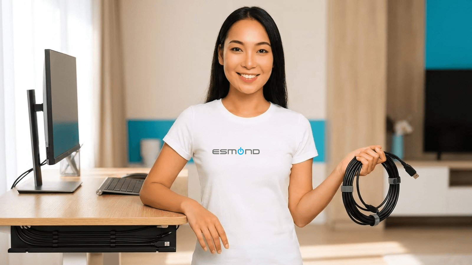 身穿 Esmond Service Centre T 恤的女士手持一卷用魔术贴扎带束好的线缆,身旁的办公桌下方线缆已整齐收进理线托盘
