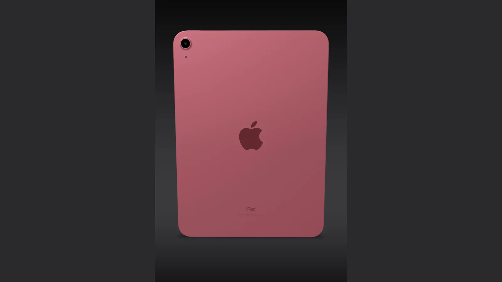 The back of a pink iPad shown upright against a dark background, with a single round rear camera lens in the top-left corner, the Apple logo in the centre and the word 'iPad' near the bottom edge