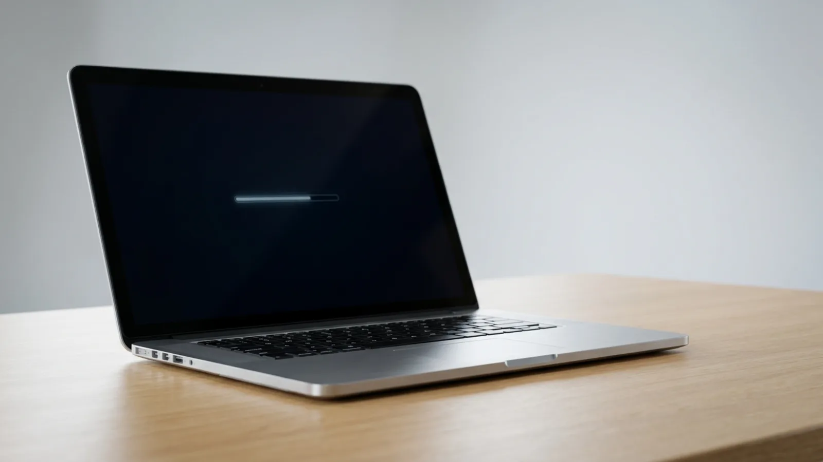 A modern aluminium laptop on a clean desk stuck on startup, showing a stalled progress bar on a dark screen