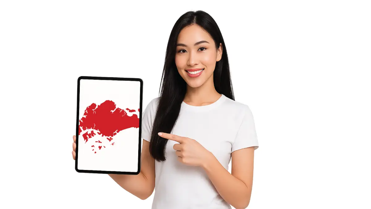woman holding an iPad with a red map of Singapore displayed on the screen, highlighting the best places to fix iPad in Singapore and where to repair ipad in singapore