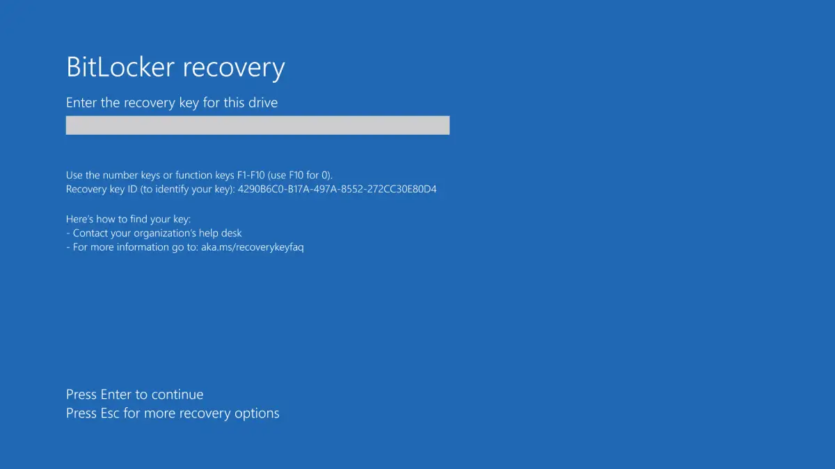 Default preboot asking for bitlocker recovery key screen