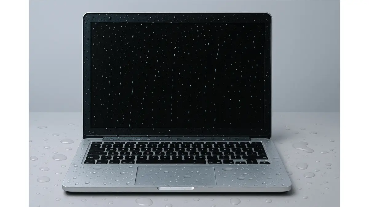 Laptop showing visible water damage on keyboard and screen.