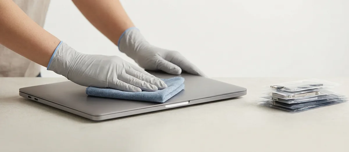 Tangan bersarung mengelap komputer riba yang telah dibaiki dengan kain mikrofiber di sebelah alat ganti berbungkus