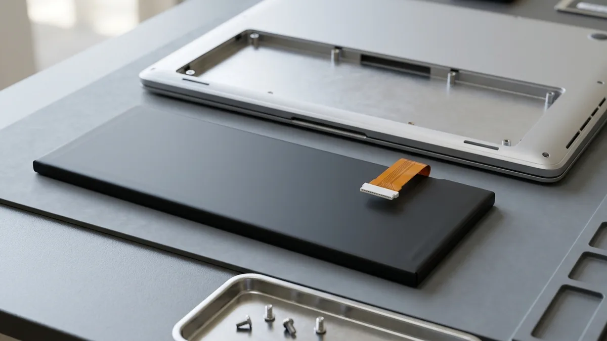 A flat black replacement laptop battery pack lies on a repair bench with its ribbon plug folded over one corner, in front of the opened laptop base showing the empty battery bay it fits.