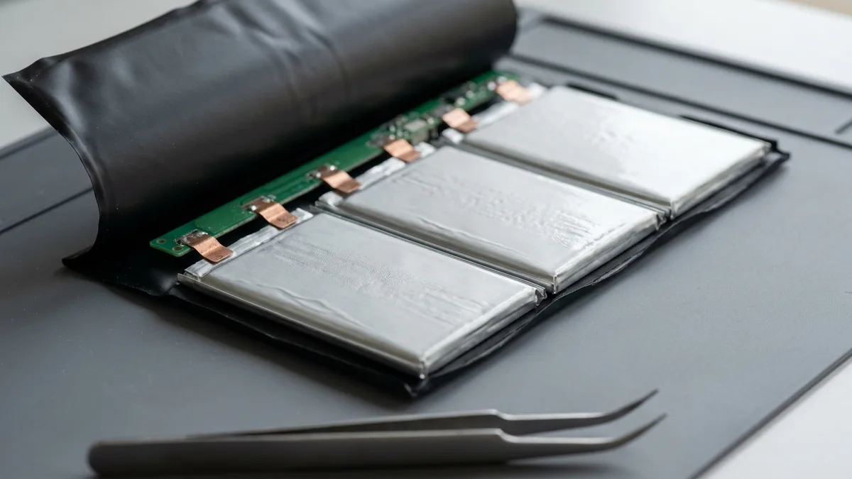 The inside of a battery pack with its wrap peeled back at one corner, showing three flat silver pouch cells joined by spot-welded copper tabs to a slim green strip.