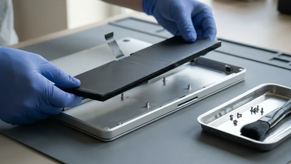 Gloved hands lower a new battery pack squarely into the bare metal bay of an opened laptop base, its ribbon tail still lifted clear, with a screw tray and a soft brush alongside.