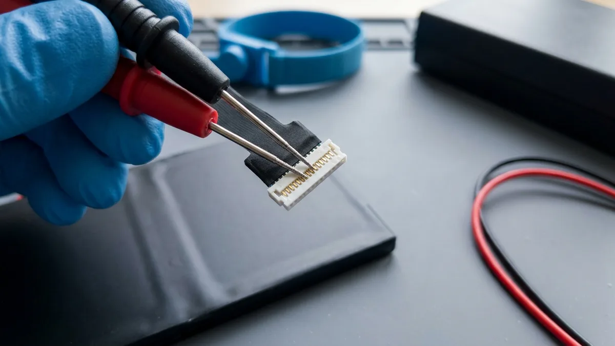 Two fine test probes rest on the gold pins inside the small white plug at the end of a battery pack's ribbon tail, held steady by a gloved hand.