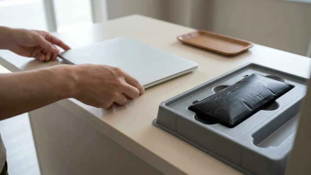 A closed laptop is slid across a service counter while the old swollen battery pack lies bulging in a plain grey disposal tray beside it.
