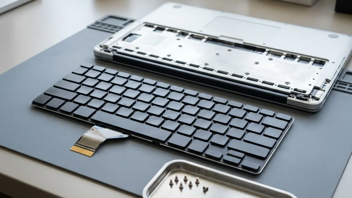 A replacement laptop keyboard module lies face-up on a repair bench with its ribbon tail folded over one corner, in front of the opened laptop base showing the bare keyboard well it fits.