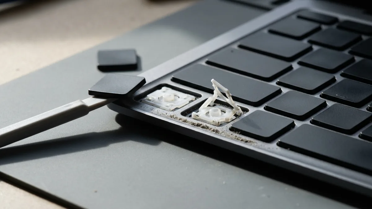 Three keycaps lifted off a laptop keyboard beside their empty sockets, one white scissor mechanism intact and the next one collapsed with a snapped hinge arm, dust along the bottom of the wells.