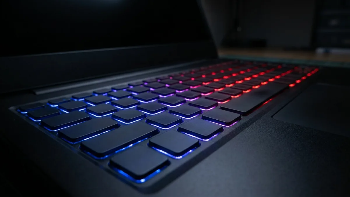 A gaming laptop deck photographed in a dark room, every key lit from underneath in its own colour running from deep blue through violet to red, the glow escaping around each keycap edge.