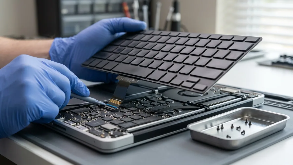 Gloved hands seat a keyboard module's ribbon tail into the small board connector inside an opened laptop, a plastic spudger holding the hinged retaining flap open above the gold contacts.