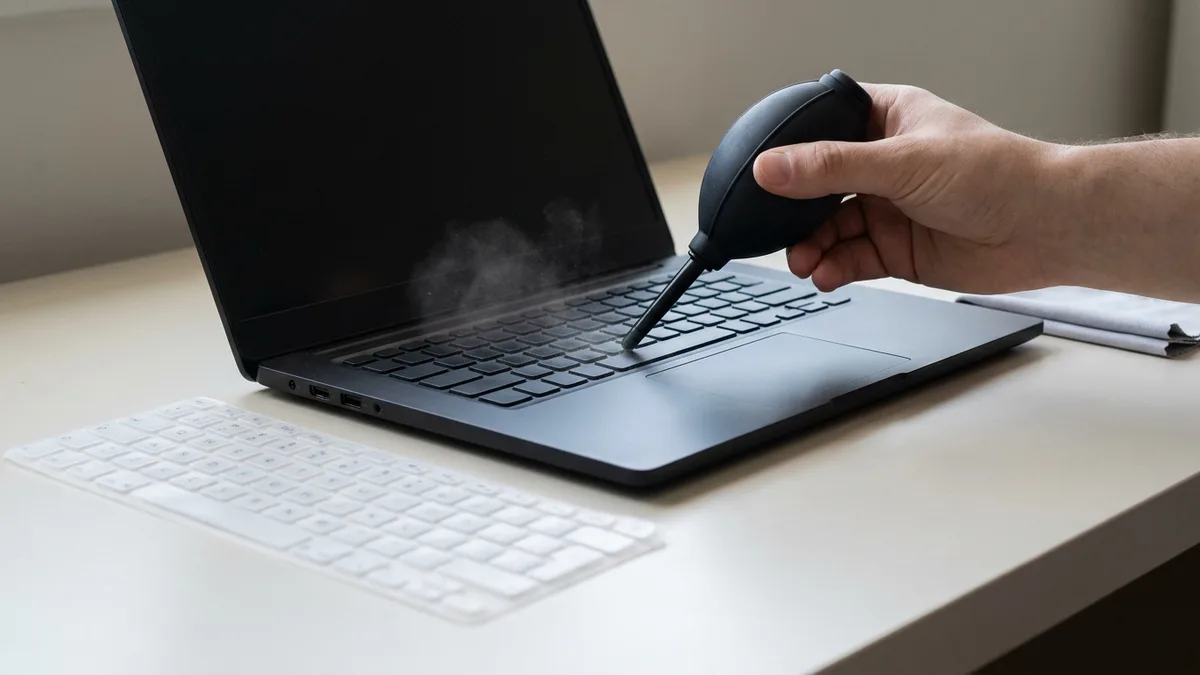 A rubber bulb blower angled along a laptop keyboard deck lifts a puff of dust from between two rows of keys, with a clear silicone keyboard cover laid flat on the desk beside the machine.