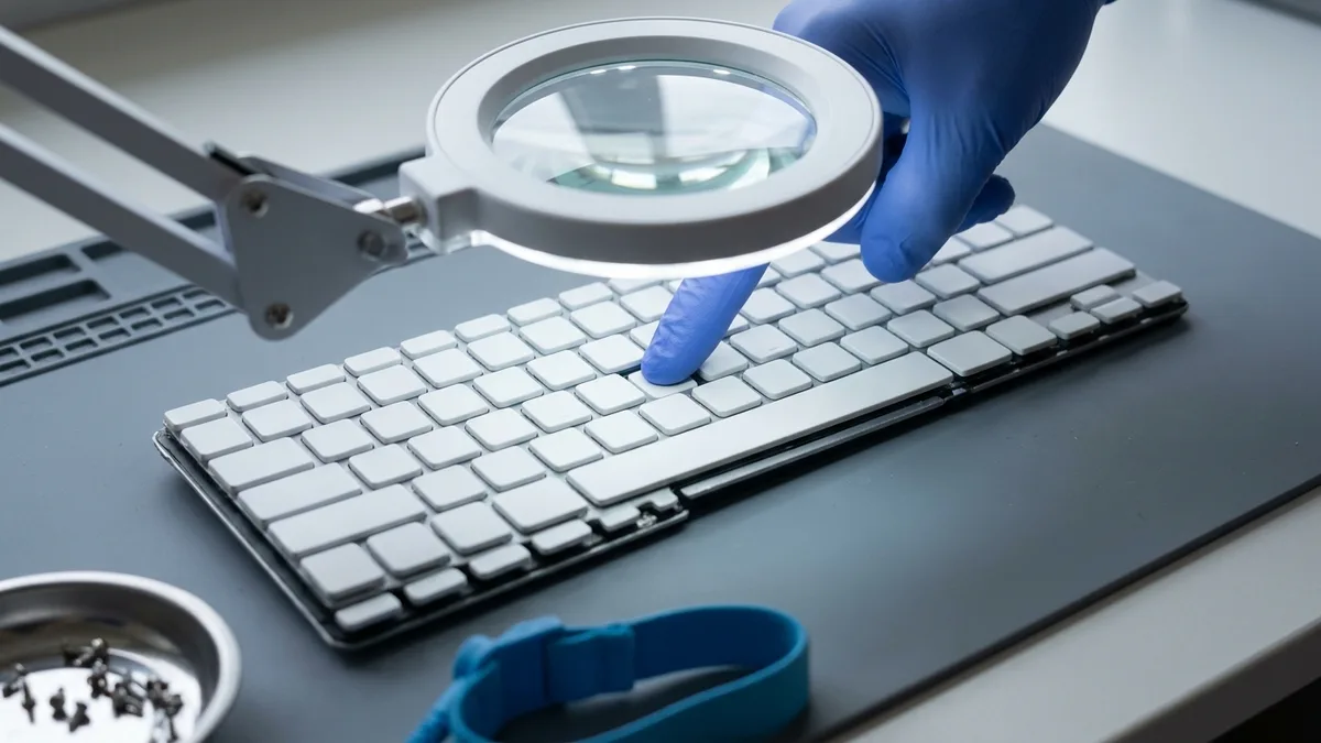 A keyboard module lies under the round lens of a bench magnifier whose ring light throws a bright circle across the keys, a gloved fingertip pressing one key inside that circle to test its travel.