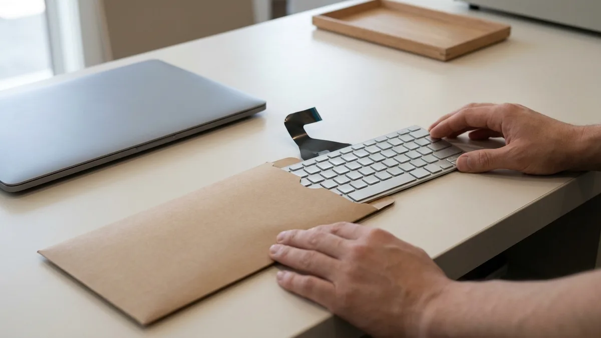 A closed laptop rests on a service counter beside a plain kraft sleeve with a new keyboard module half slid out of it, face-up, its ribbon tail folded back over the sleeve.
