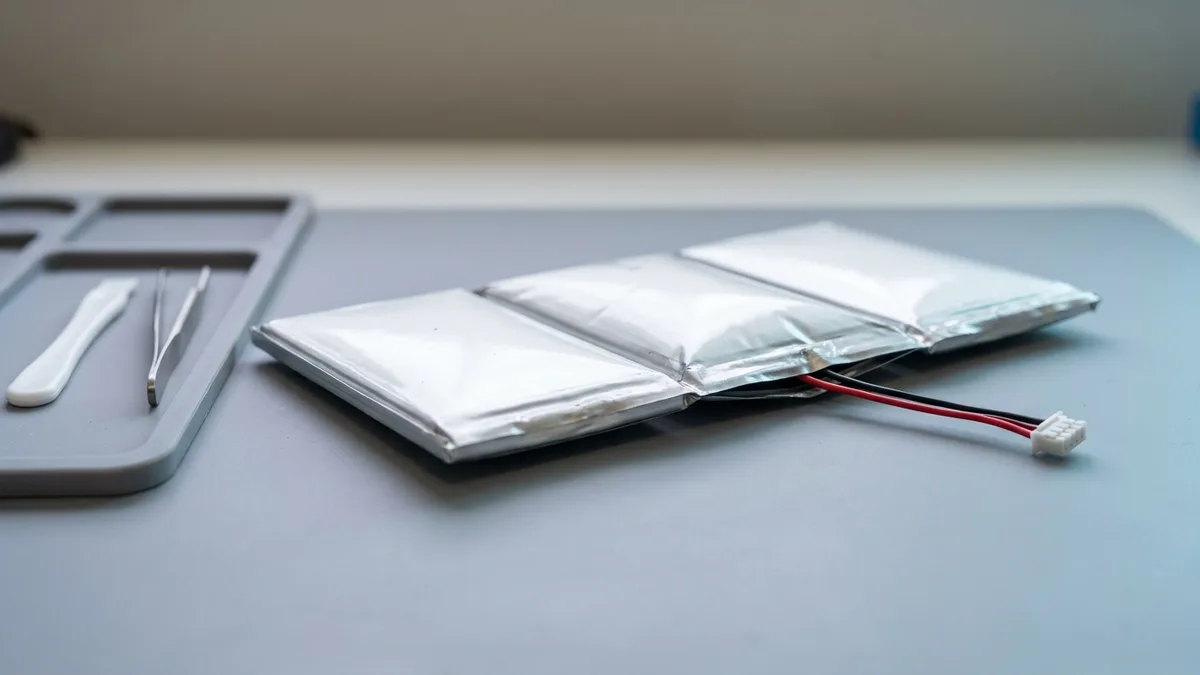 A swollen laptop battery module on a repair bench, its middle cell ballooned so the pack no longer sits flat
