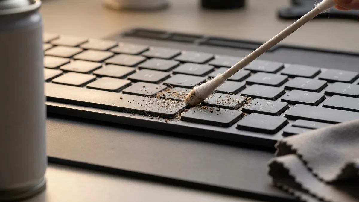 Crumbs and grit packed between the keys of a laptop keyboard being cleaned with a cotton swab, every keycap still seated