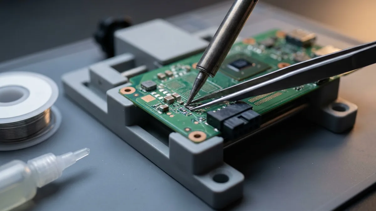 Component-level laptop motherboard repair, a fine soldering iron and tweezers working on a single surface-mount part