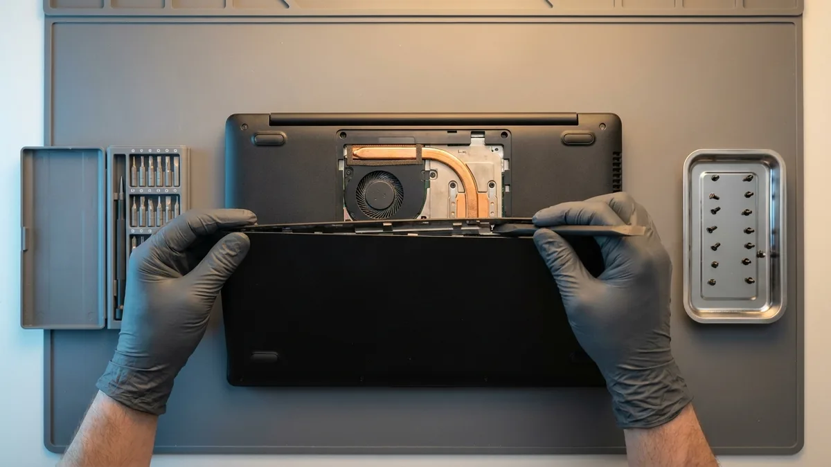 Gloved hands lifting the bottom panel off a laptop at a service bench to reach the cooling fan and heat pipe