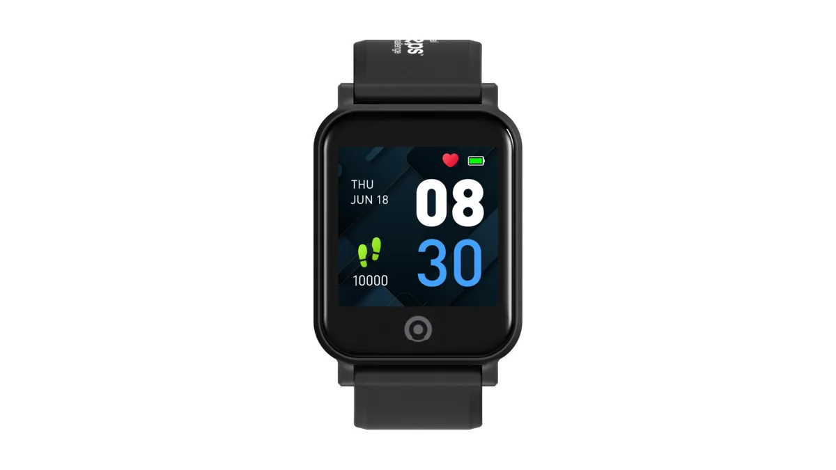 An Actxa Tempo 5C fitness tracker laid flat and face-on, its black square screen showing the day, time, heart-rate icon and step count, on a plain white background