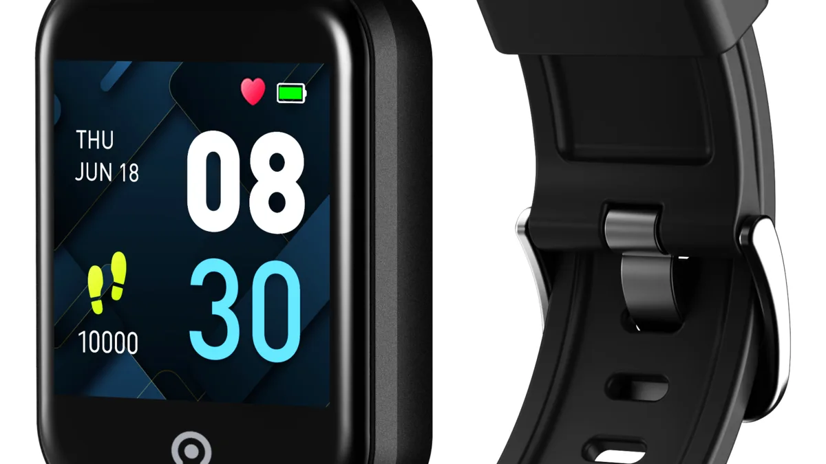 Two close-up views of a black Actxa Tempo 5C fitness tracker on a white background, its lit screen showing time, date, steps, heart and battery icons on the left and the unbuckled black strap with its metal buckle on the right.