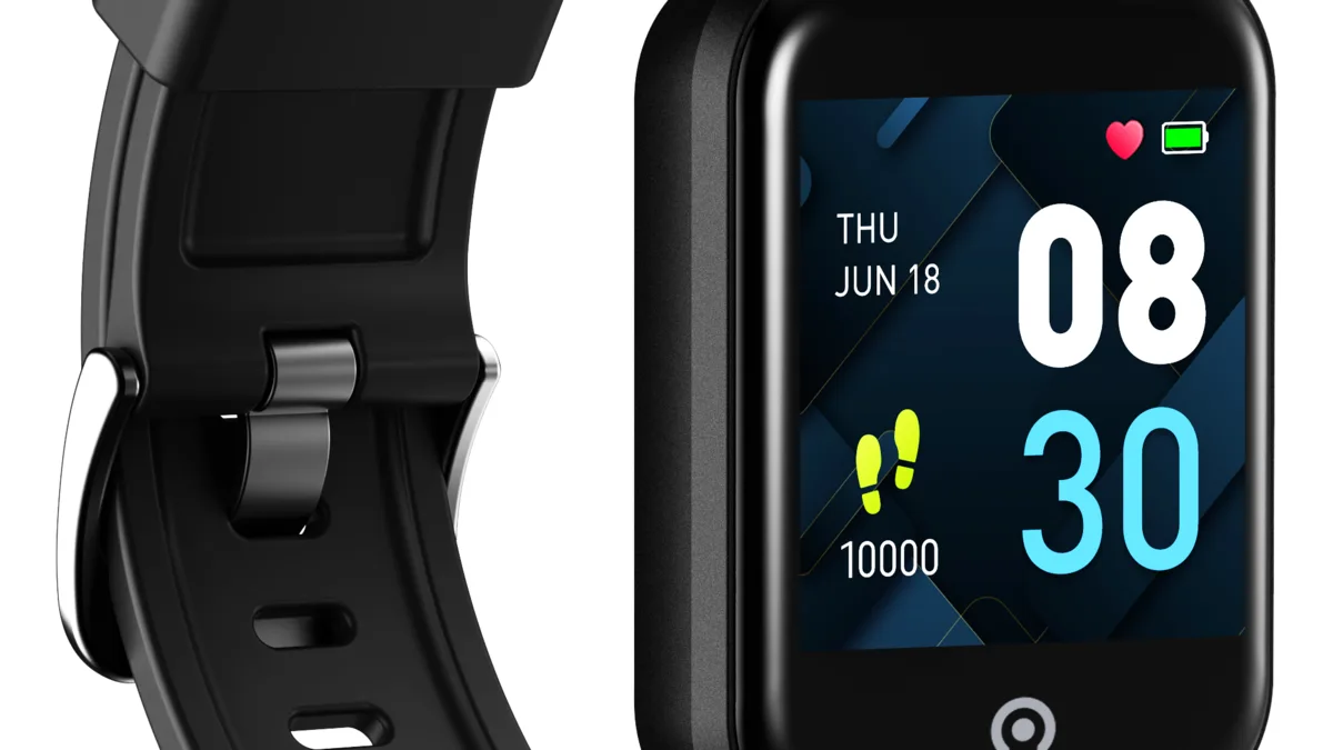 Close-up of a black Actxa Tempo 5C fitness tracker in two views on a white background, the unbuckled black strap with its metal buckle on the left and the lit screen showing time, date, steps, heart and battery icons on the right.