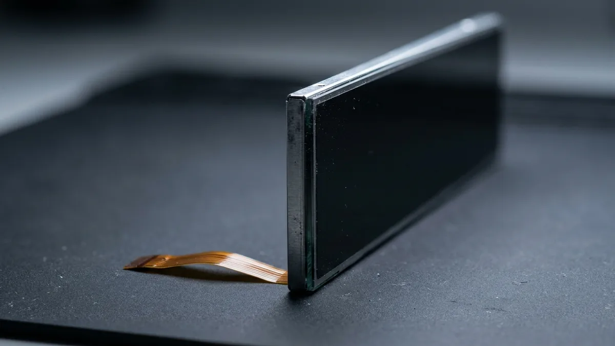 Sebuah panel paparan komputer riba ganti yang telanjang berdiri di atas tepi panjangnya di atas tikar gelap, dipusing supaya belakangnya yang gelap dan kosong serta tepi kaca berlapis yang nipis menghadap kamera, dengan kabel reben kuning kekuningan terlipat keluar dari sudut bawah dan terbaring rata di atas tikar.