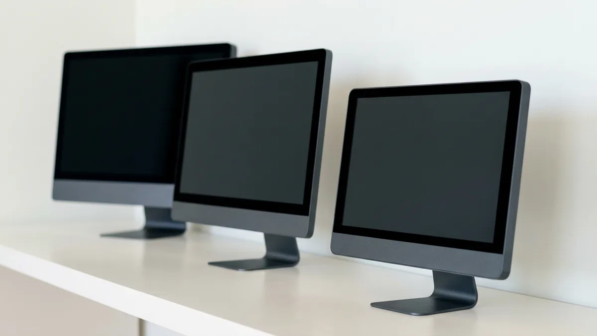 Three all-in-one desktop computers standing in a row on a spotless pale counter, each on its own plain slim pedestal foot, every screen dark and blank, against a plain pale wall.