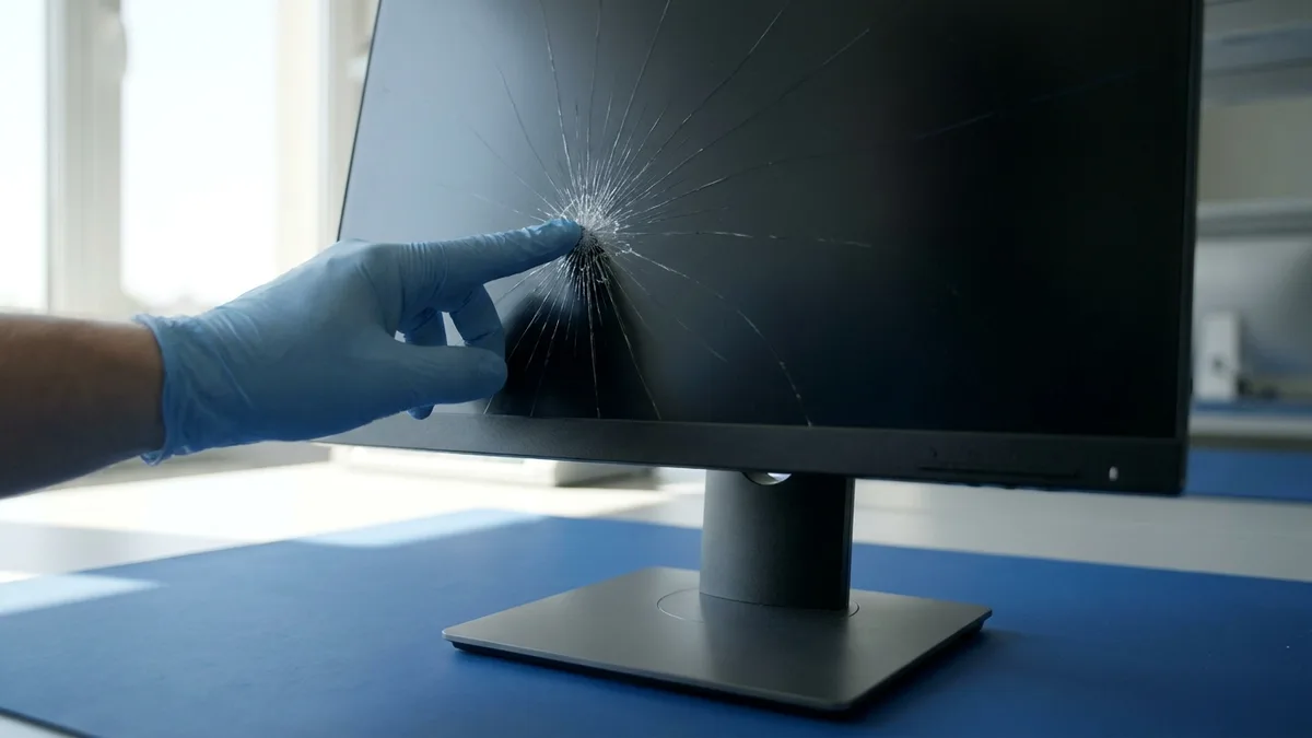 A pale blue gloved hand at the centre of a bright spiderweb of impact cracking radiating across the dark blank screen of a display standing on its pedestal base on a deep blue anti-static mat, lit from a window at the left.