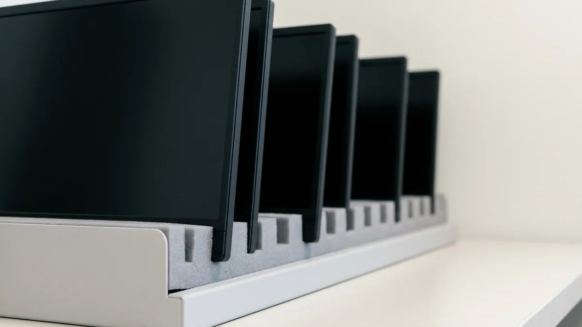 Five replacement screen panels standing upright and screen-side out in the evenly spaced slots of a plain pale grey foam-lined parts rack on a spotless pale counter, every screen dark and blank, against a plain pale wall.