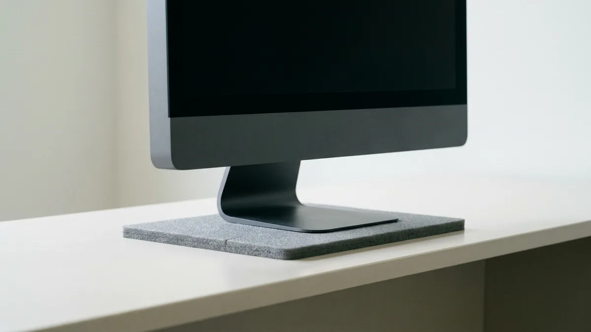 A single all-in-one desktop computer standing on a plain grey foam pad on a spotless pale counter, its screen dark and blank, the near lip of the counter running across the front of the frame.