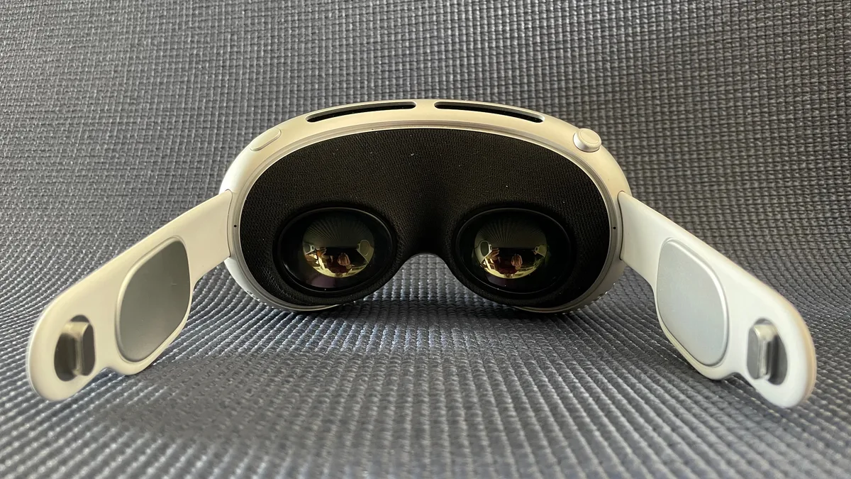 Inside an Apple Vision Pro, showing both micro-OLED lenses behind the light seal