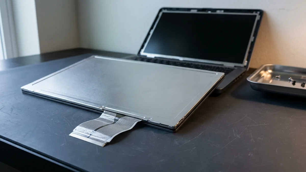 A bare laptop display panel lies face-down on a dark bench mat showing its plain metal rear and a wide flat ribbon cable folded out from its lower edge, with an opened laptop lid behind it whose display well is empty and dark and a steel tray of loose screws to one side.