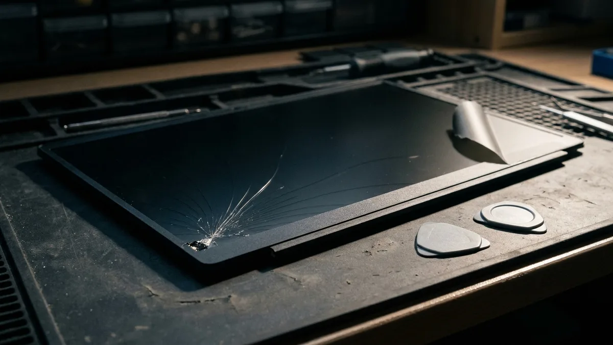 A bare unlit laptop display panel on a workshop bench with a spiderweb impact crack radiating across the glass from a small chip at one corner, and along the opposite edge the matte anti-glare coating lifted and curled back in a flake, with two plastic prying picks lying beside it.