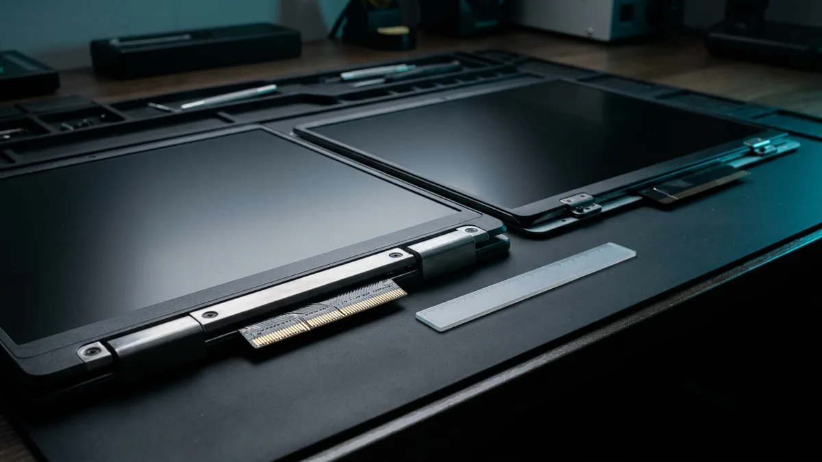 Two bare laptop display assemblies lie side by side on a dark bench, the nearer one visibly thicker with heavier metal hinge brackets and a much wider gold multi-pin connector at its edge, the further one slim with a narrow connector, and a plain unnumbered ruler resting between them for scale.