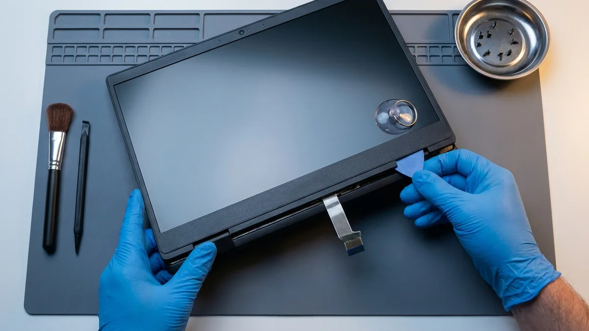 Two blue-gloved hands lift a bare dark laptop display panel free of its lid: one steadies the panel while the other works a thin plastic pick along the bezel gap, a suction cup gripping the panel face and the freed flat ribbon cable hanging loose below, with a soft brush, a spudger and a steel dish of screws on the mat around them.