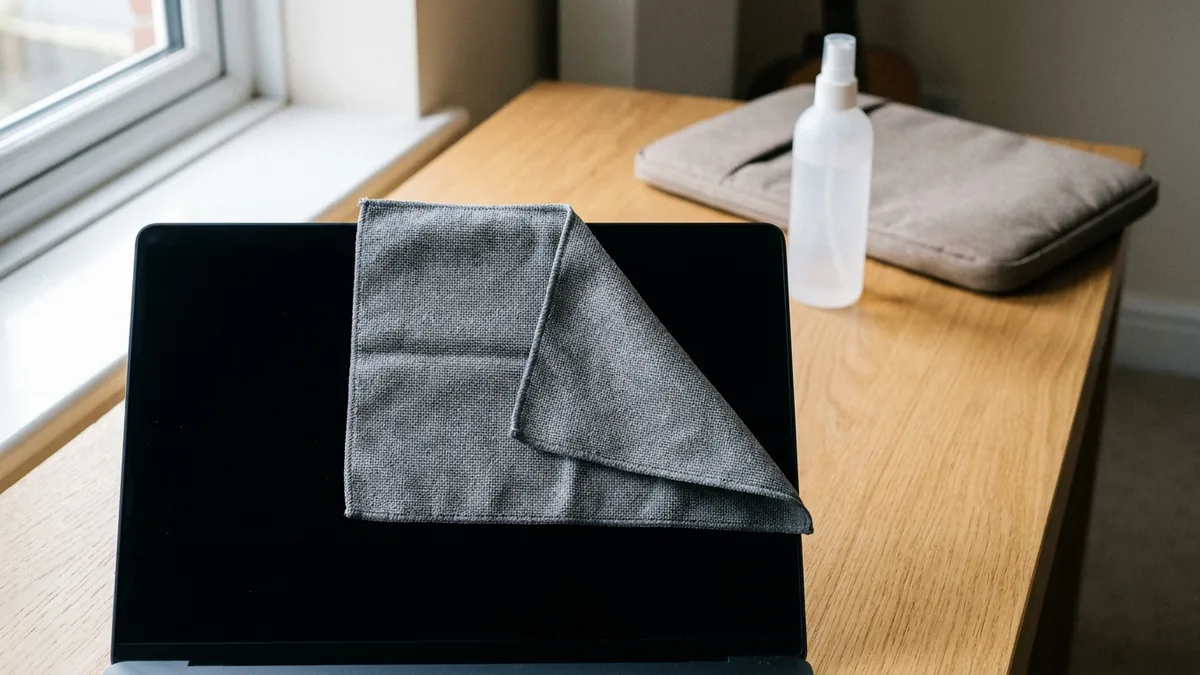 A folded grey microfibre cloth laid flat across the dark screen of an open laptop with one corner turned back, seen from above and behind the lid so no keyboard is in frame, and a plain unlabelled spray bottle and a padded fabric sleeve on the wooden desk beyond.