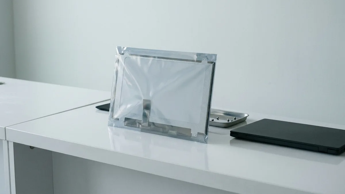 A bare replacement laptop display panel standing upright in a plain translucent anti-static sleeve on a bright white service counter, its metal rear and folded ribbon cable visible through the film, beside a closed dark laptop and a small steel tray of screws.