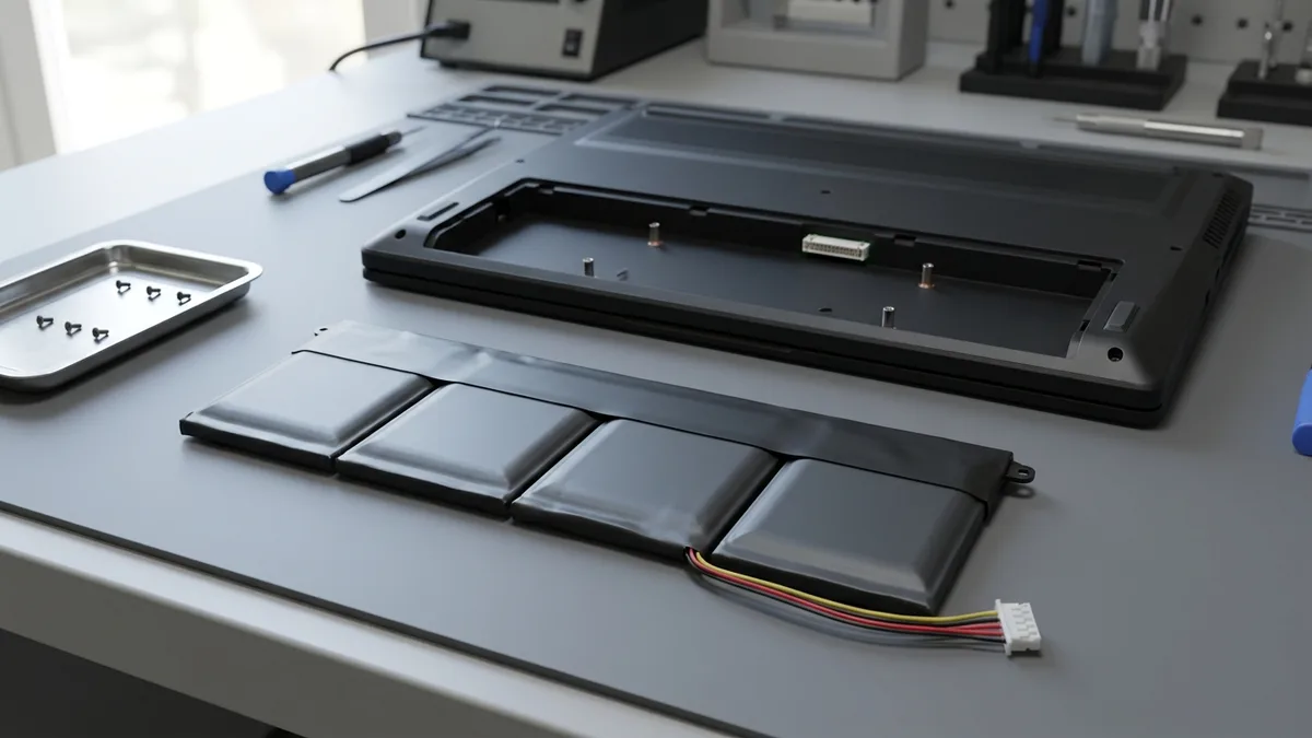 A replacement laptop battery pack of four flat pouch cells lies on a repair bench with its wire plug at one corner, in front of the opened laptop base showing the empty battery bay it fits.