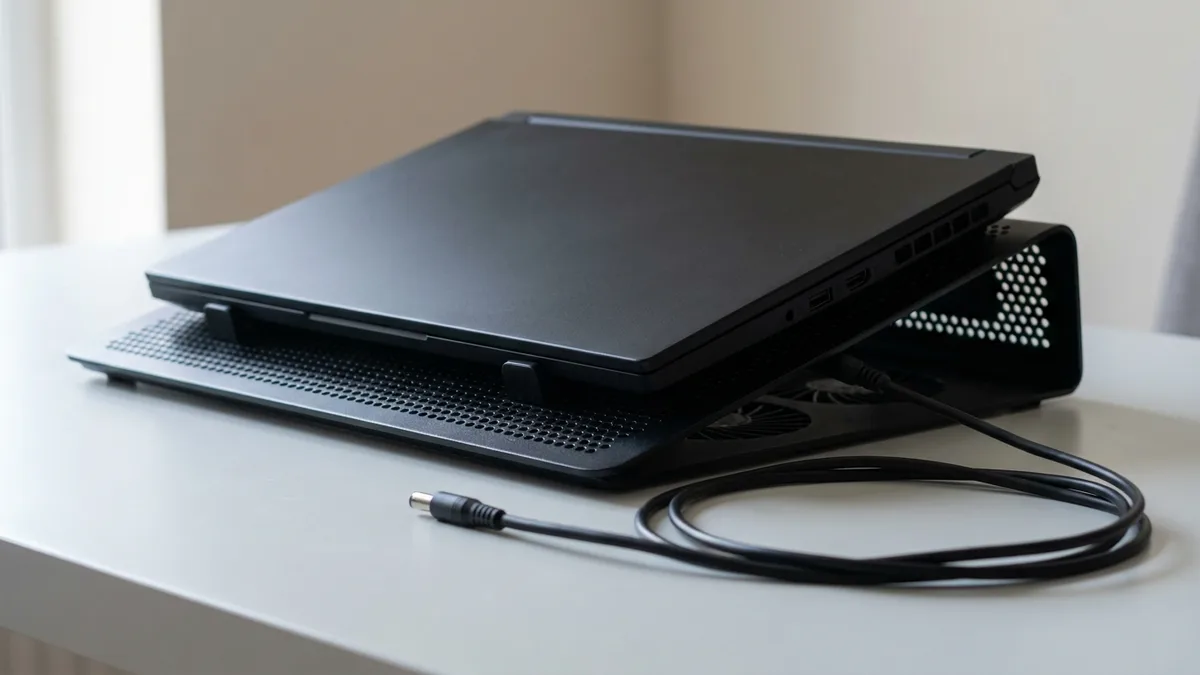 A closed laptop raised on a perforated aluminium cooling stand, with its charge lead uncoiled on the desk in front and clearly unplugged from the machine.
