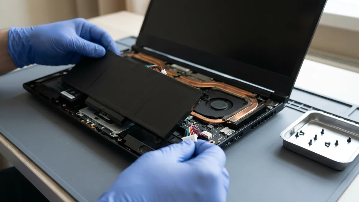 Gloved hands lower a new battery pack into an opened laptop base and guide its small white plug into the board connector beside the bay, copper heat pipes visible alongside.