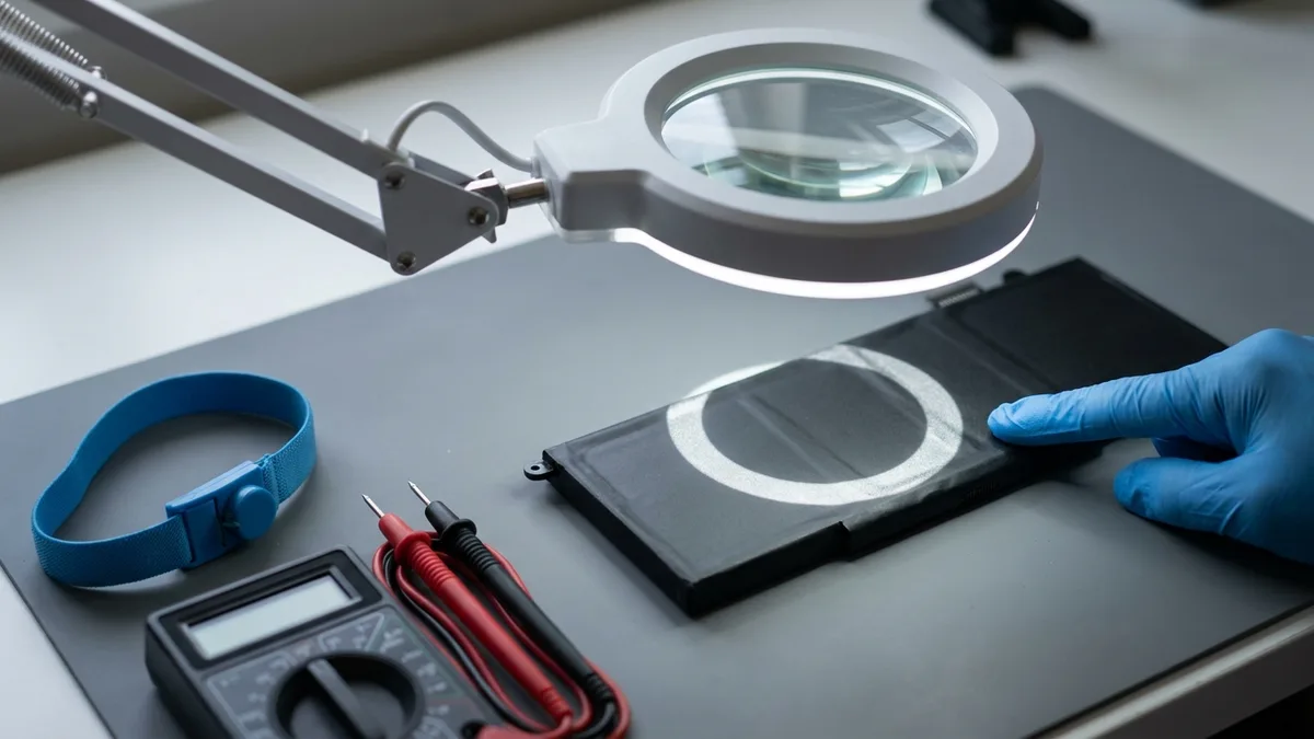 A new battery pack lies flat under the round lens of a bench magnifier whose ring light throws a bright circle across its black wrap, a gloved fingertip at the edge and a multimeter beside it.