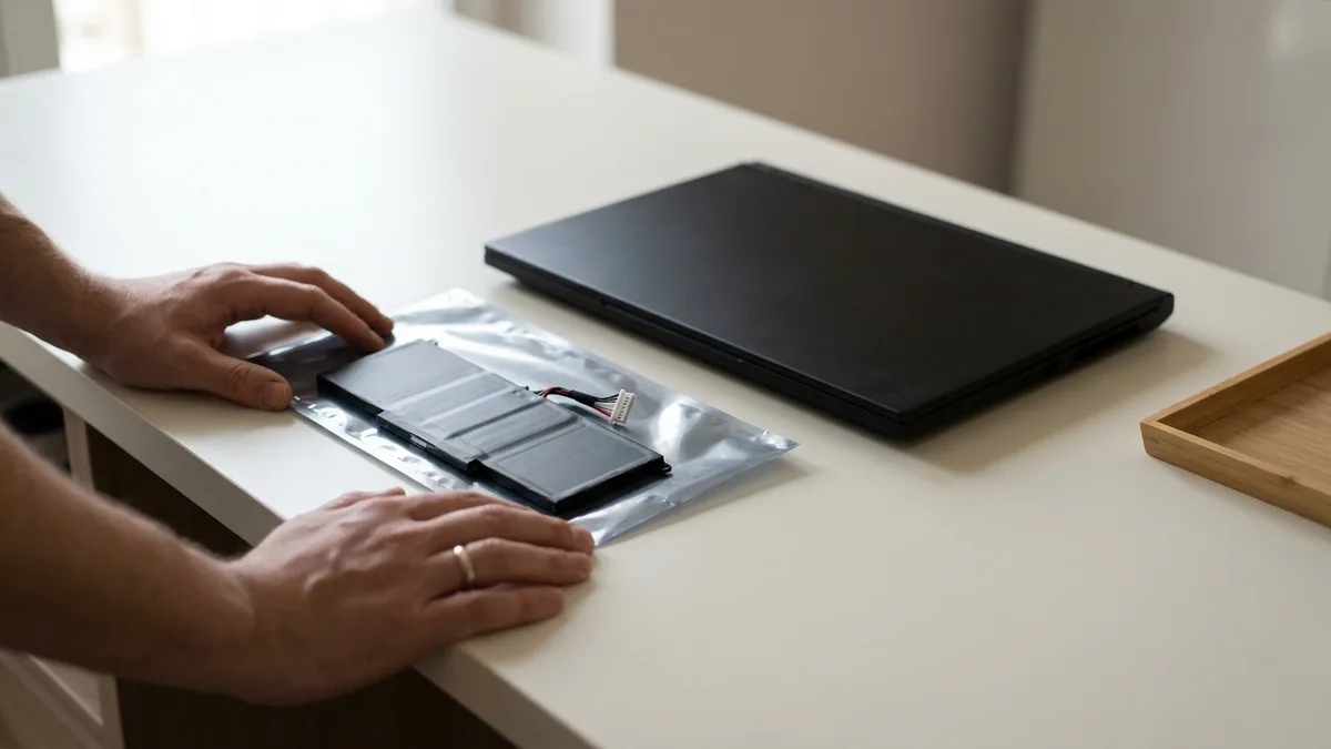 A closed laptop rests on a service counter beside a plain anti-static bag with a new battery pack half slid out of it, its wire bundle folded back over the bag.