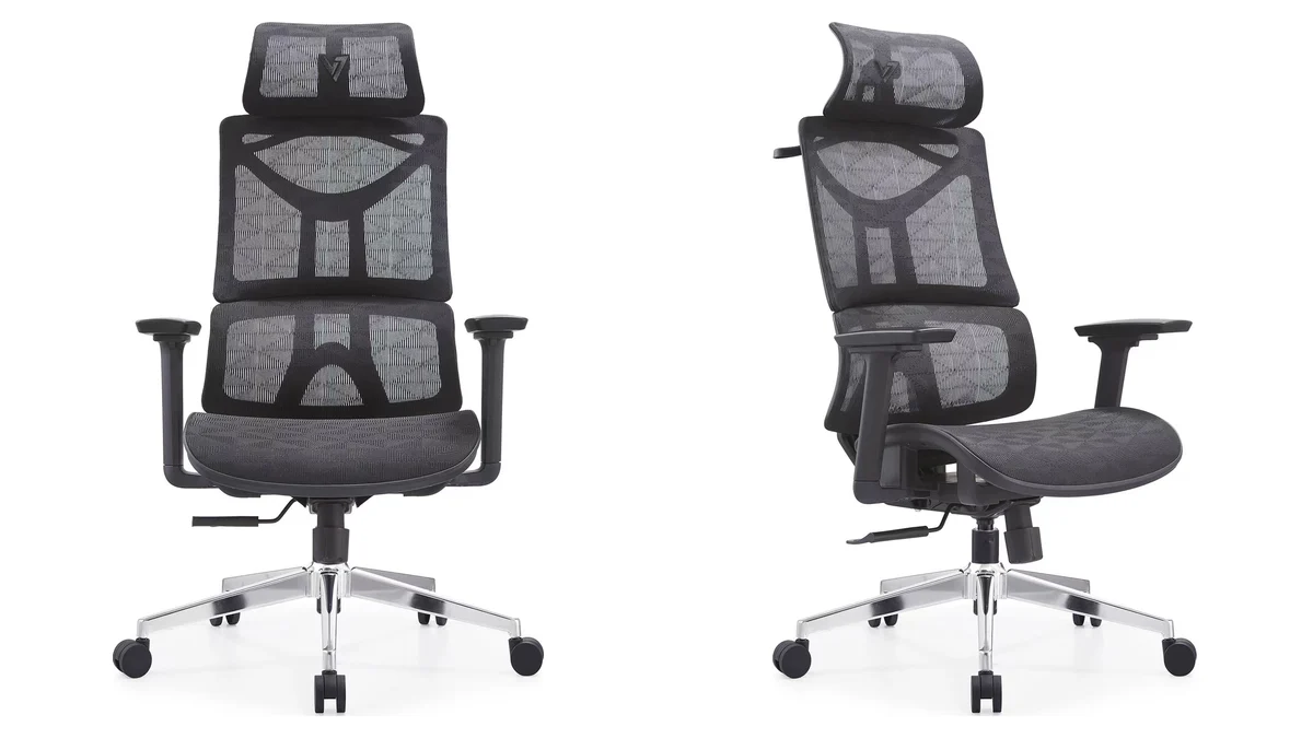 The Vival ergonomic chair seen from the front and at an angle, showing its mesh back, adjustable armrests and five-star castor base