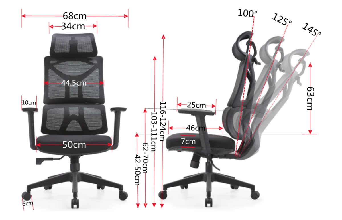 Dimensioned drawing of the Vival chair: 42–50 cm seat height, 46 cm seat depth, 50 cm seat width and recline stops at 100, 125 and 145 degrees
