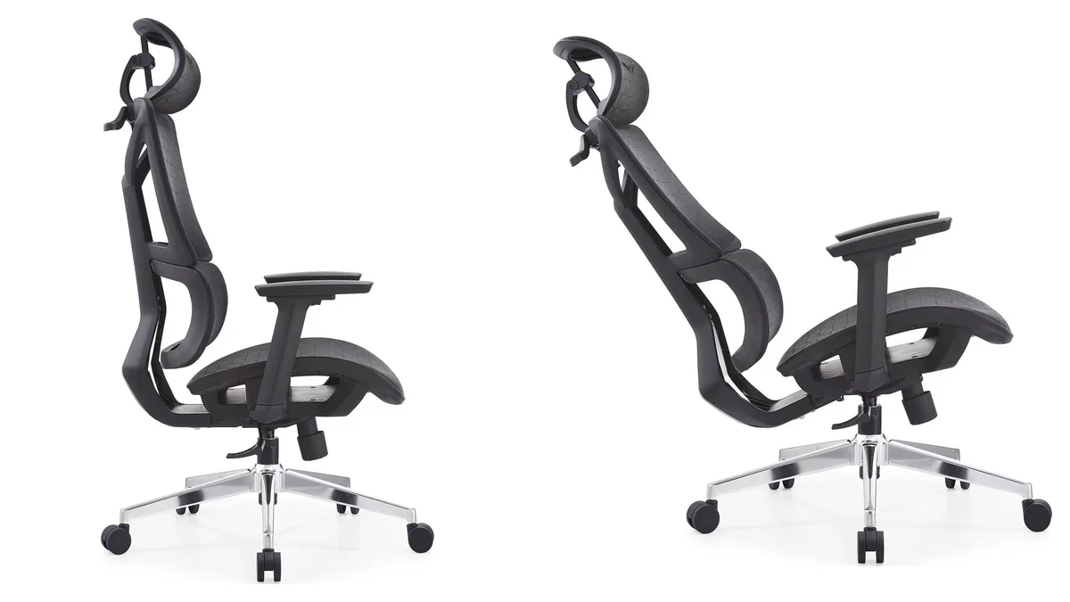 The same Vival chair photographed upright and then reclined, showing how far the backrest travels